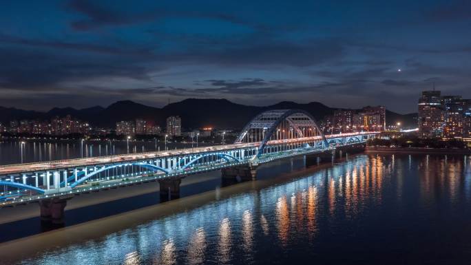 超视距鸟瞰桥杭州复兴双层大桥智慧交通夜晚