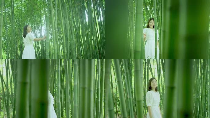 少女走在竹林中