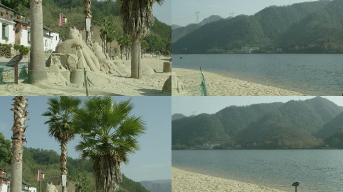 沙滩湖边度假村沙堆群山连绵芭蕉树瓶子空境