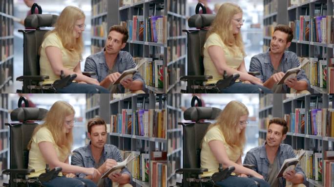 DS坐在轮椅上的女人和朋友在图书馆看书