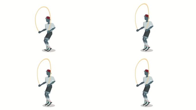 跳绳卡通人物，年轻人运动、锻炼、健身或健身房概念的跳绳动画，在孤立的白色背景下，循环