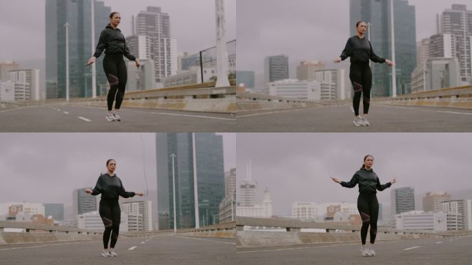一名年轻女子在城市锻炼时跳绳的4k视频片段