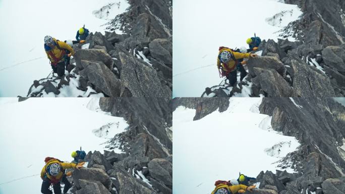 攀登欧洲阿尔卑斯山陡峭山峰的专业资深登山者。使用绳索。