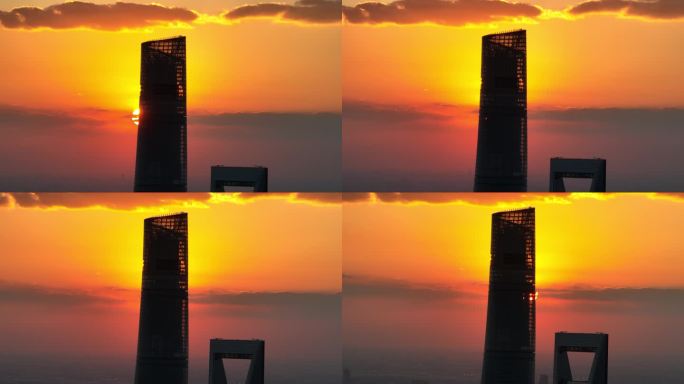 4K原素材-金色霞光中的上海城市地标