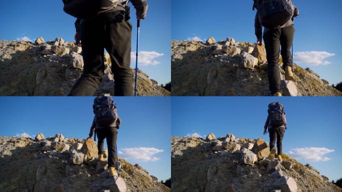 背包客登山背影攀登顶峰探旅行者脚步特写