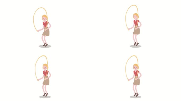 跳绳卡通人物，年轻女性运动、锻炼、健身或健身房概念的跳绳动画，在孤立的白色背景下，循环