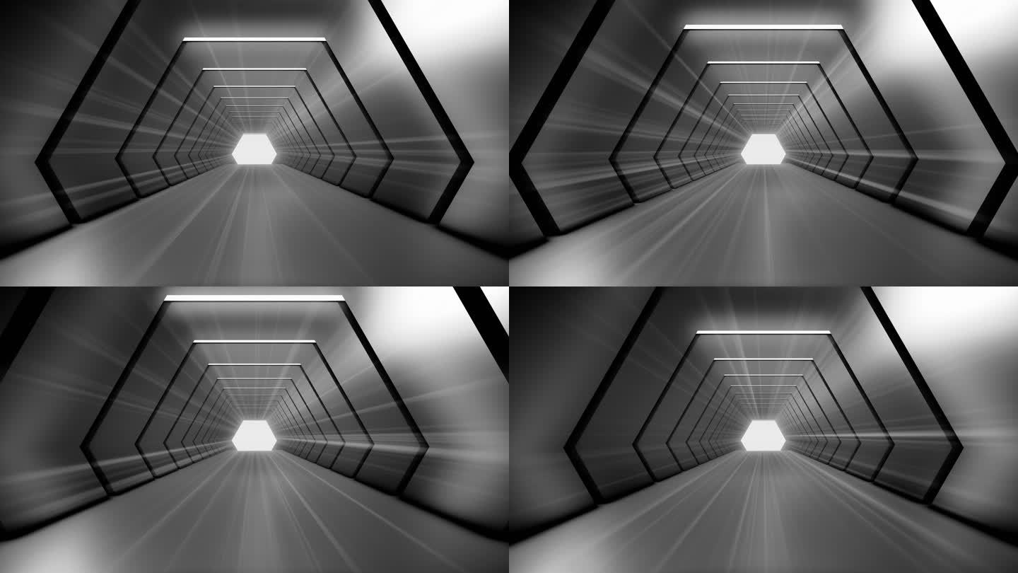 抽象隧道。在未来的3D动画中飞行。照明走廊、室内设计、宇宙飞船、科学、技术、科学、建筑、工业、闪亮、
