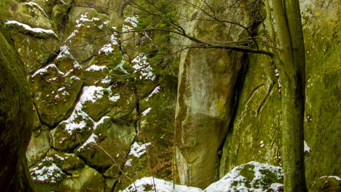 山上的绿色岩石。山林潮湿冬天大雪覆盖苔藓