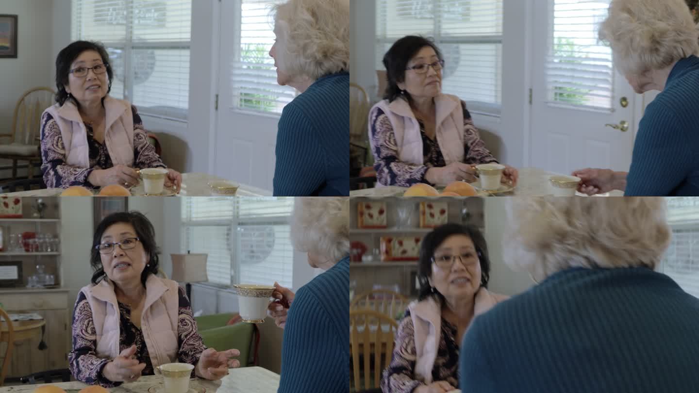 高加索人和韩国女性朋友在家庭环境中，在各种活动中共度美好时光老年人健康生活视频系列