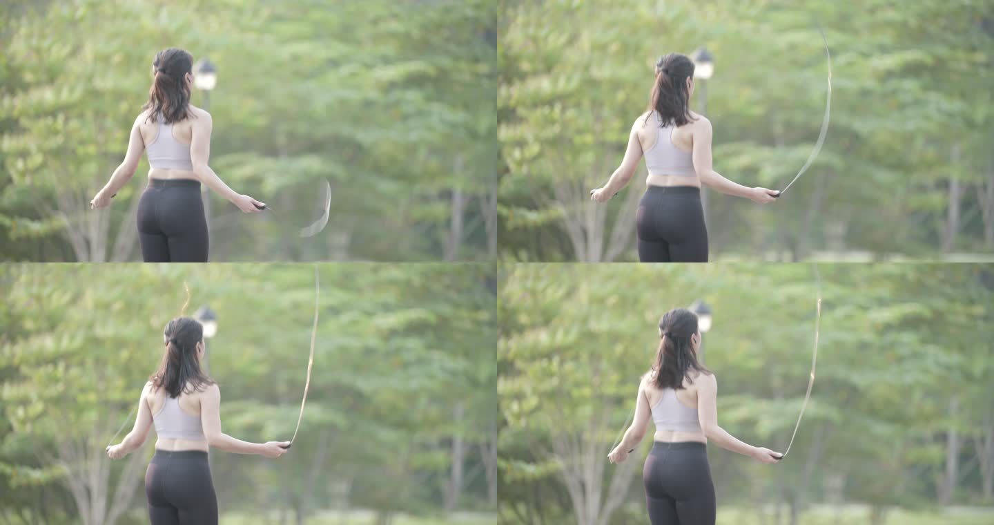 亚洲女性用跳绳练习有氧运动以减肥的场景。
