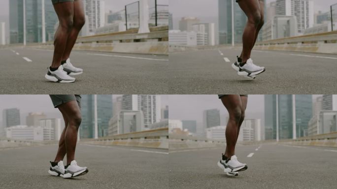 4k视频画面显示，一名无法辨认的男子在城市锻炼时跳绳
