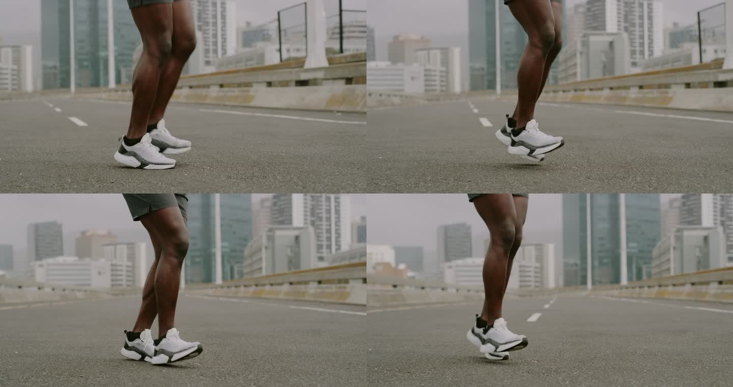 4k视频画面显示，一名无法辨认的男子在城市锻炼时跳绳