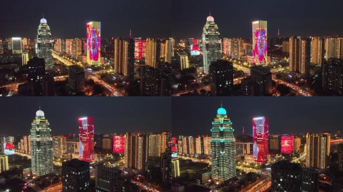 临沂北城北京路航拍环绕夜景高峰期沂蒙精神