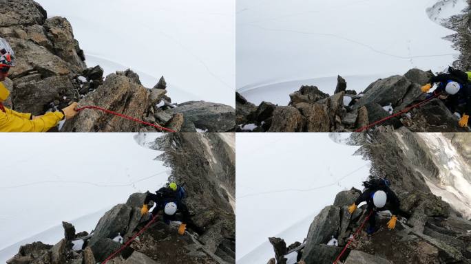 攀登欧洲阿尔卑斯山陡峭山峰的专业资深登山者。使用绳索。鸟瞰图