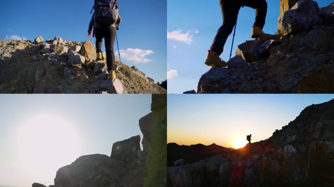 登山脚步特写攀登高峰成功登顶举手欢呼爬山