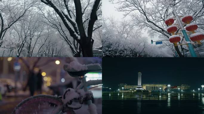 雪景北京白天夜晚街道路灯天安门