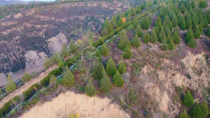 陕北黄土高原山间小路航拍