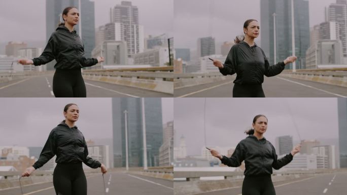 一名年轻女子在城市锻炼时跳绳的4k视频片段