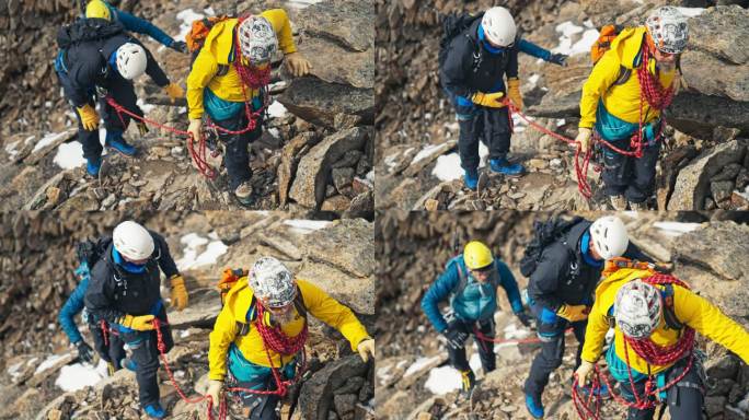 攀登欧洲阿尔卑斯山陡峭山峰的专业资深登山者。使用绳索。鸟瞰图