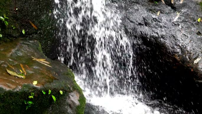 瀑布流过地衣。高山流水瀑布绿水青山