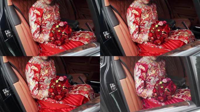 中式秀禾服新娘子拿着鲜花手捧花