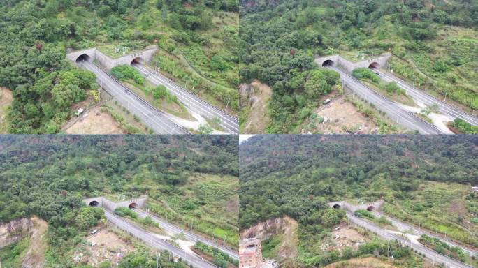 航拍高速公路隧道汽车行驶出来行驶进去隧道