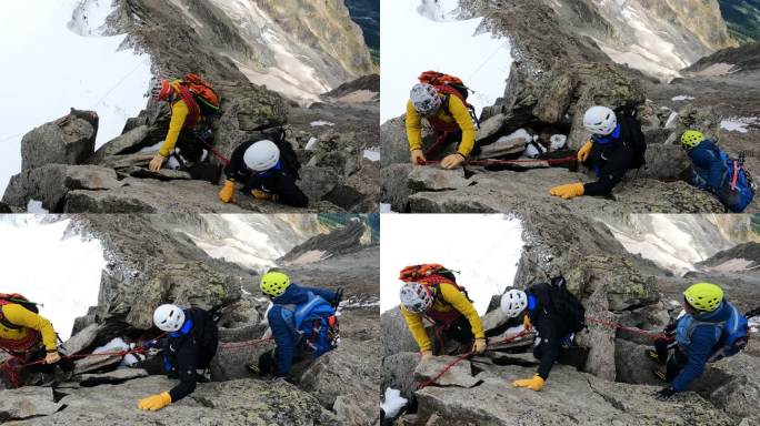 攀登欧洲阿尔卑斯山陡峭山峰的专业资深登山者。使用绳索。鸟瞰图