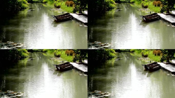 荷塘池塘小船流水波光粼粼生态绿色