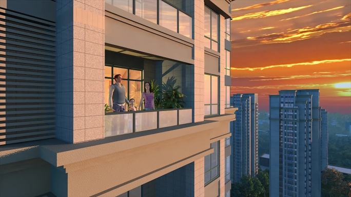 三维建筑观景阳台黄昏一家人窗外欣赏美景