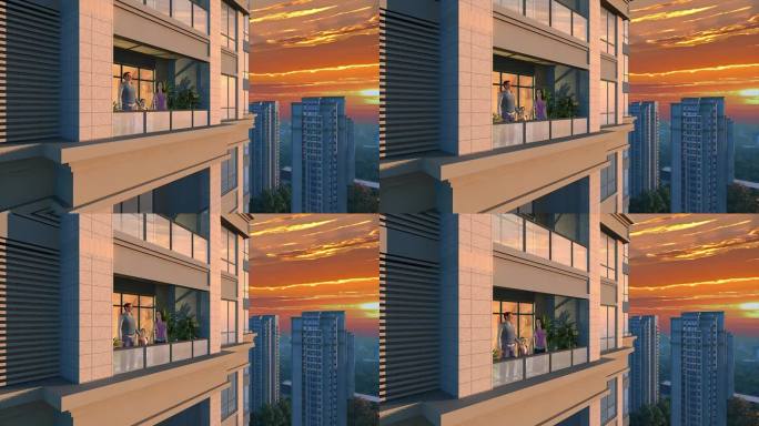 三维建筑观景阳台黄昏一家人窗外欣赏美景