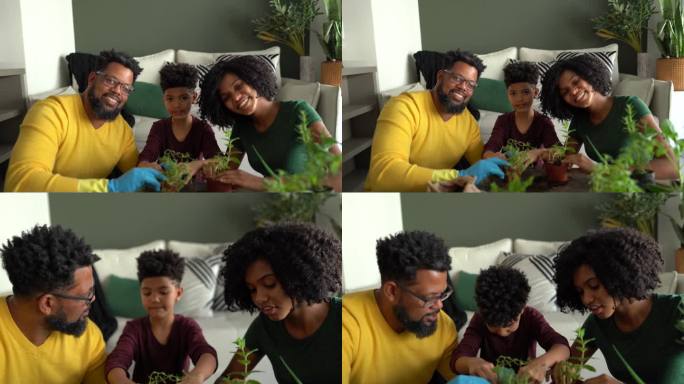 父亲和孩子在家照顾植物的肖像