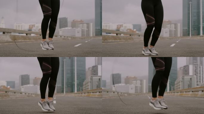 4k视频画面显示，一名无法辨认的女子在城市锻炼时跳绳