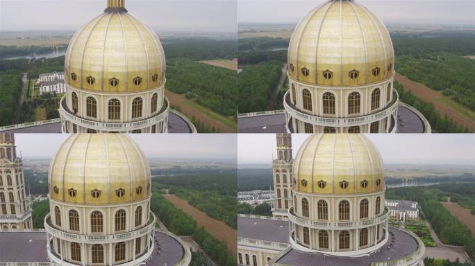 从无人机上看到波兰利钦圣母大教堂。金色穹顶特写