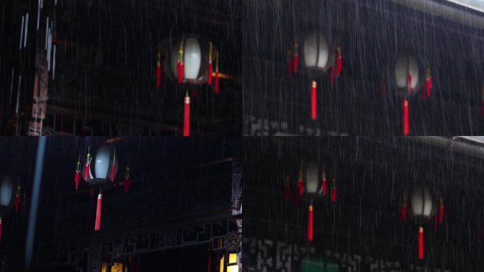 江南雨季雨滴古建筑灯笼空镜