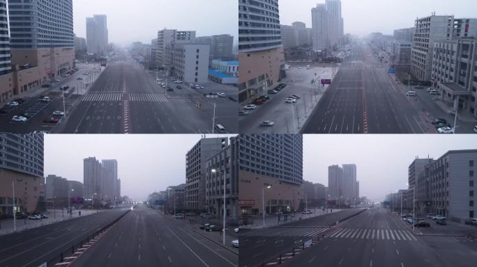 疫情无人宽广街道城市阴雨天航拍合集