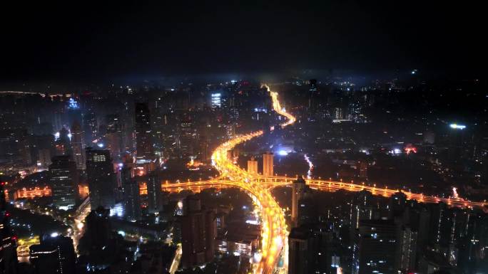 上海延安高架交通地标宣传阴天平流夜景
