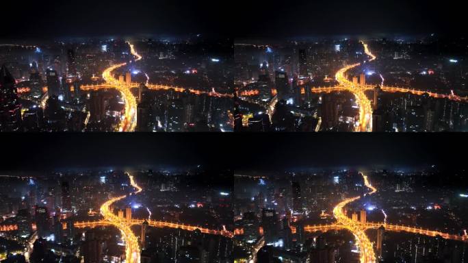 上海延安高架交通地标宣传阴天平流夜景