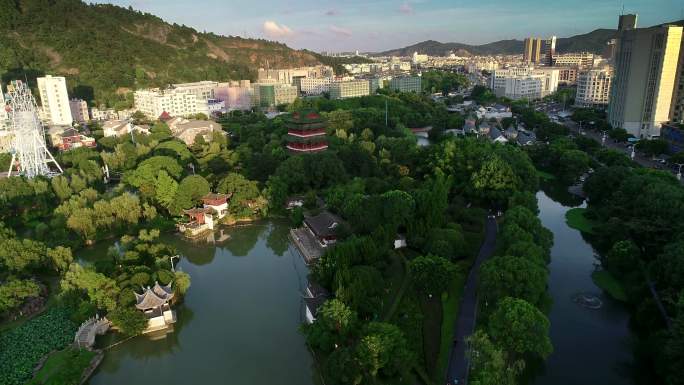 台州玉环市公园景区绿化园林航拍高楼酒店