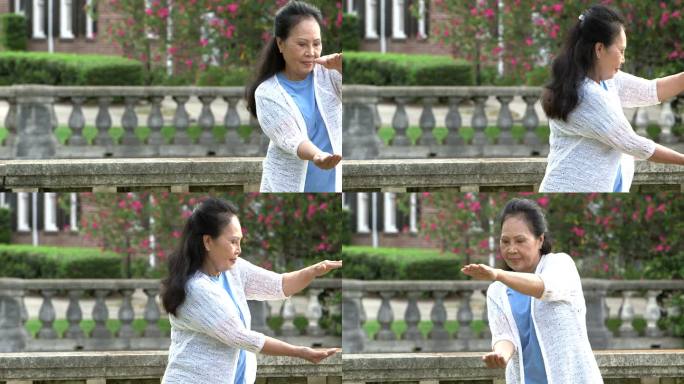 在公园里练习太极拳的亚洲老年女性