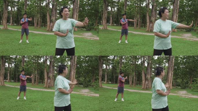 POV手持广角镜头：亚洲老年男女在公园里一起做太极拳练习。老年人打太极拳。早上感到放松。医疗保健和体