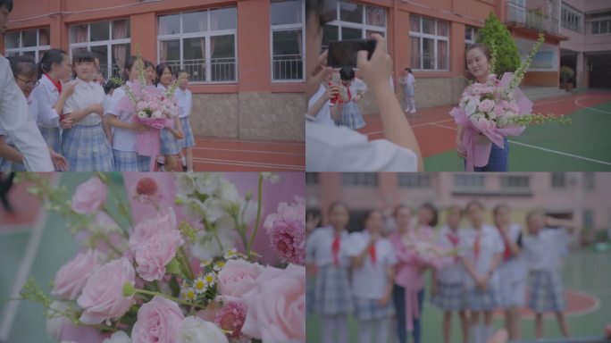 教师节毕业季小学生给老师送花