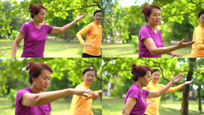 亚洲华人母女在公共公园练习太极