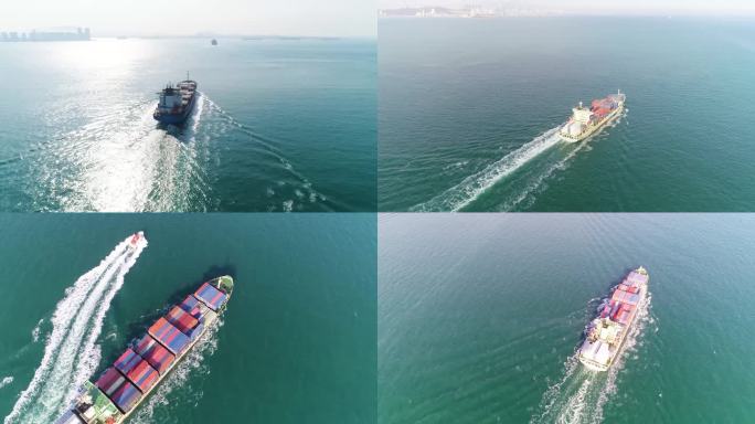 青岛货轮航拍集装箱货轮轮船海上航行