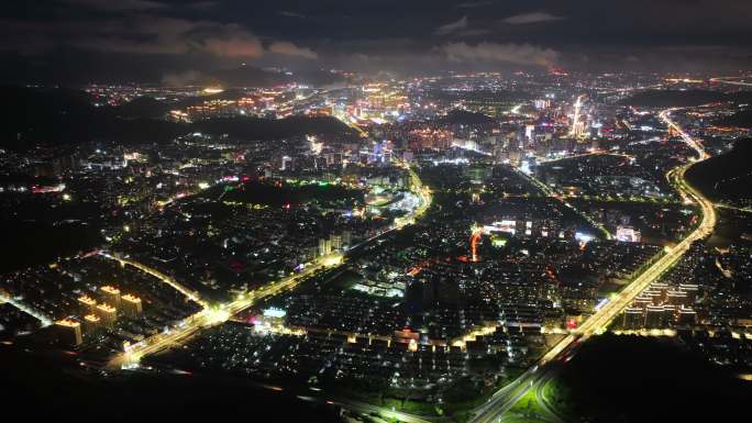 台州温岭市区日转夜景环绕大范围航拍延时