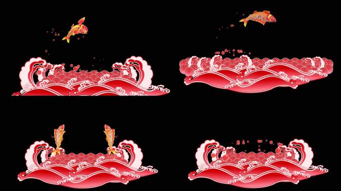 带通道红色吉祥花纹锦鲤鱼跳跃浪花