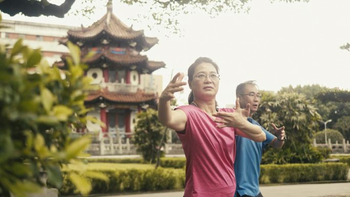 两位活跃的亚洲老人在公园里打太极