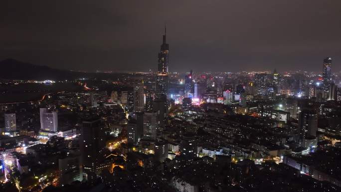 航拍南京紫峰大厦夜景