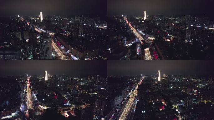 珠海城市夜景航拍 香洲区 高楼 车轨