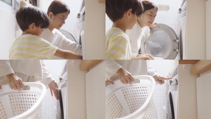 家庭主妇在使用洗衣机时带孩子
