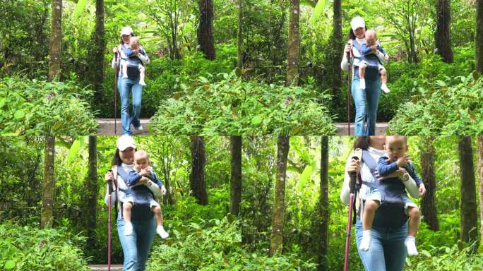 春天的一天，亚洲父母带着孩子在森林里散步